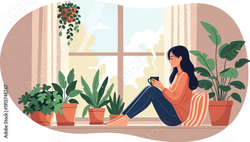 Woman enjoying a warm drink by a window with many houseplants