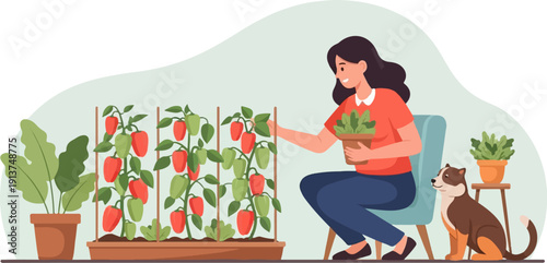 Woman tending to pepper plants with a dog nearby