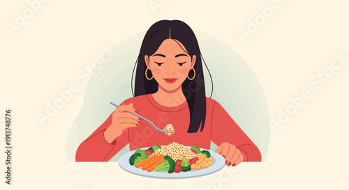 Woman enjoys a healthy meal of grains, broccoli, carrots, and tomatoes