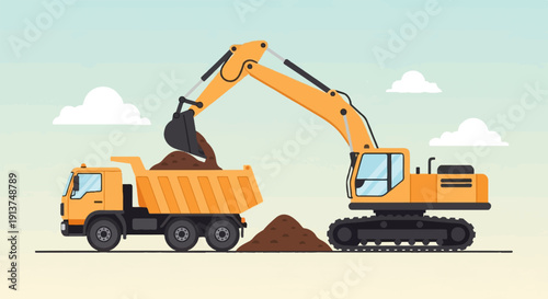 Yellow excavator loads dirt into dump truck under cloudy sky