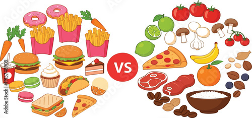 Fast Food vs Healthy Food Comparison Vector Illustration with Junk Snacks and Fresh Organic Ingredients for Nutrition Diet and Lifestyle Design
