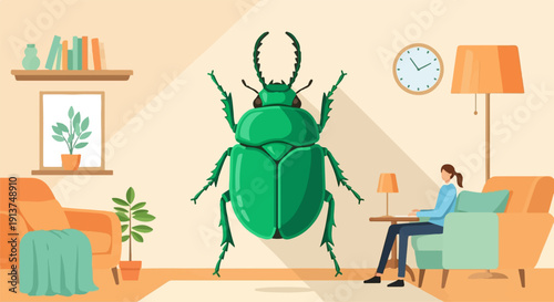 Woman at desk near giant green beetle in cozy room
