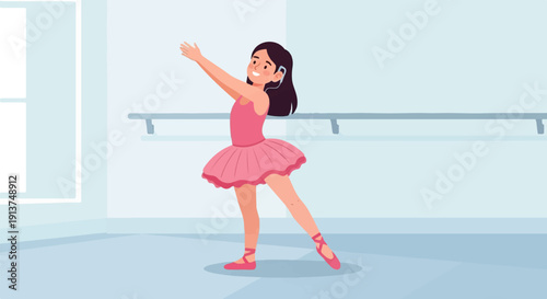 Young ballerina practicing in a studio with ballet barre and window