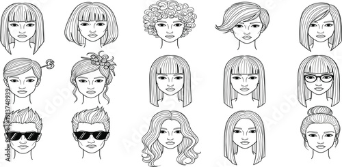 Female Face and Hairstyle Line Art Icon Set with Different Women Haircuts Fashion Beauty Portrait Collection for Salon Avatar and Character Design