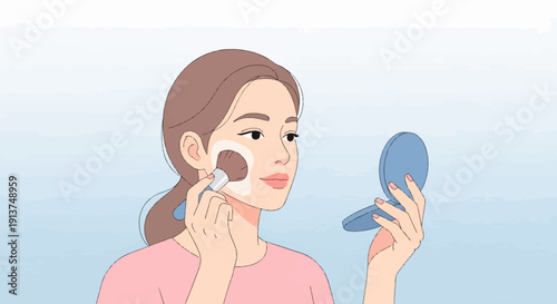 Woman applying makeup with a brush and mirror, soft blue background