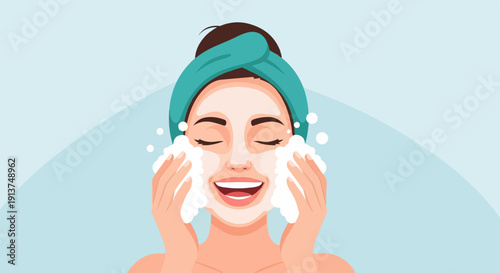 Woman applying facial foam, enjoying skincare routine with a smile