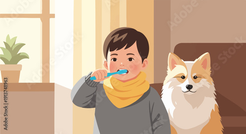 Young boy brushes teeth with dog nearby in warm, indoor setting