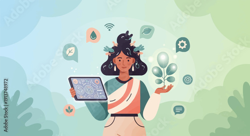 Woman holding tablet with tech symbols and plant