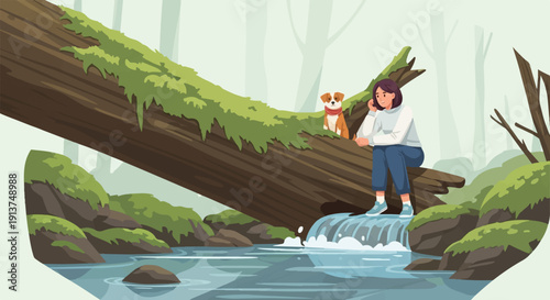 Woman and dog resting by a mossy log over a forest stream