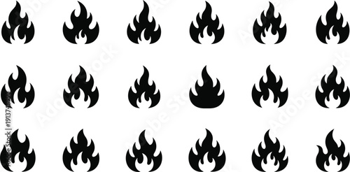 Fire Flame Icon Set in Flat Silhouette Style for Heat Warning Emergency Hazard Symbols Campfire Logo Design and Safety Sign Graphics