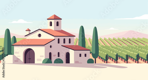 Villa and vineyard under a soft blue sky
