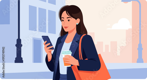 Woman in business attire walks with coffee and phone in city