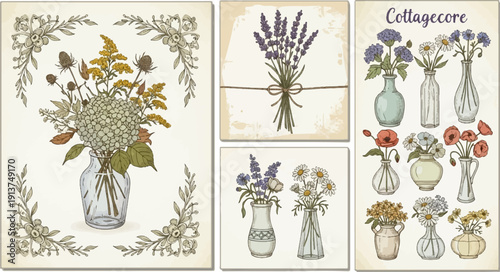 Vintage illustrations of various flower arrangements in glass vases
