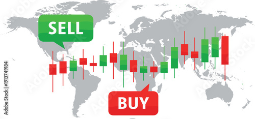 Global Financial Stock Market Trading Vector Illustration with Candlestick Chart Analysis and Buy and Sell Indicators over World Map for Forex Investment Apps