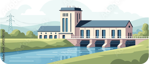 Water processing plant on a river with green banks, under a cloudy sky