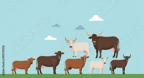 Group of various cows standing in a field illustration.