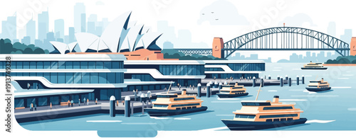 Waterfront cityscape with ferries and iconic architecture