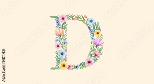 Watercolor letter D adorned with pastel wildflowers and green foliage