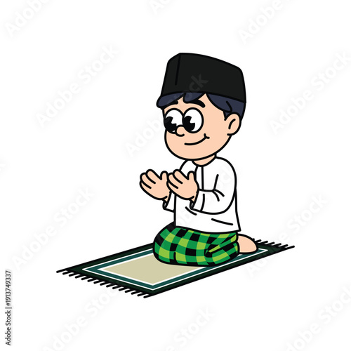 A cartoon illustration of a young Muslim boy kneeling on a prayer mat, wearing a cap and traditional clothing, with his hands clasped in prayer. Praying Muslim Boy Retro Mascot Cartoon Character.