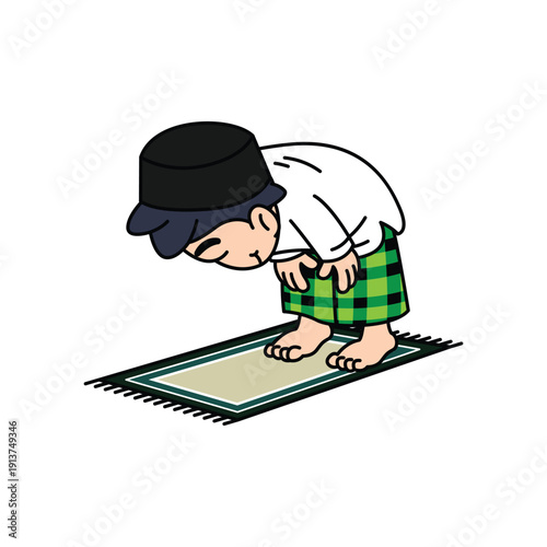 A cute cartoon illustration of a young Muslim boy in traditional attire bowing in prayer on a prayer mat. Do a ruku' in salat gesture. Praying Muslim Boy Retro Mascot Cartoon Character.