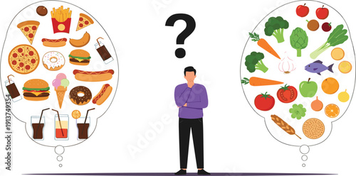 Healthy Food vs Junk Food Choice Concept with Man Thinking Between Fast Food and Fresh Organic Nutrition Lifestyle Vector Illustration