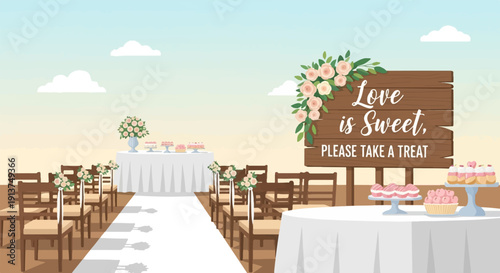 Wedding reception area with decorated chairs, dessert tables, and sweet message