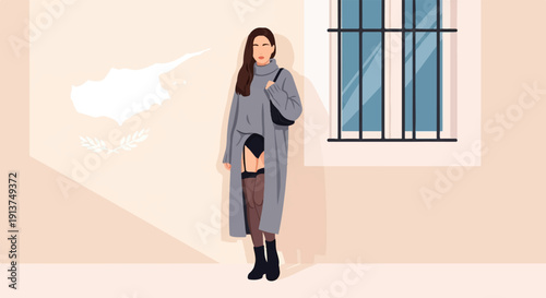 Woman in long sweater dress with thigh-highs poses by window