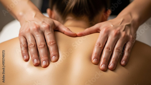 Close-up of professional hands giving a therapeutic back massage to a person.