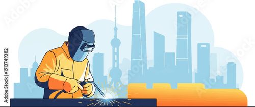 Welder in protective gear sparks metal against a city skyline backdrop
