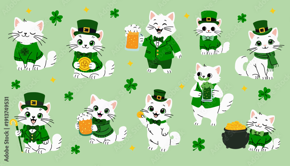Fototapeta premium Lucky Irish Cat Characters with Shamrocks