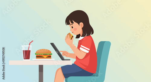 Young person eating a burger while looking at a digital device