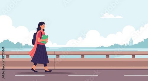 Young person walks with books and backpack near a body of water