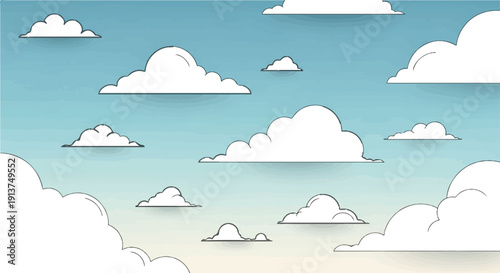 Whimsical cartoon clouds drift across a pastel blue and yellow sky