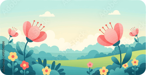 Whimsical cartoon flowers and rolling hills under a soft, cloudy sky