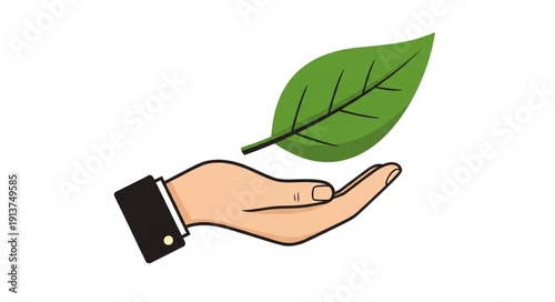 Hand holding a green leaf representing nature and growth.