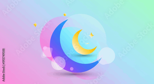 Whimsical crescent moon and stars against a soft gradient sky