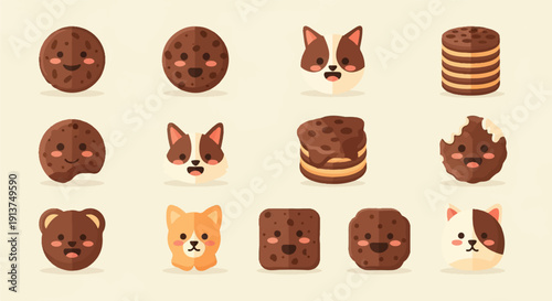 Whimsical chocolate cookies and cute animal faces depicted in a grid layout