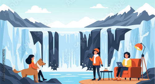 Women and dog enjoy a frozen waterfall landscape while another works