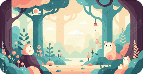 Whimsical pixel art forest scene with cute bears and a snail