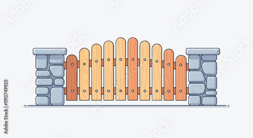 Wooden picket gate with stone pillars and a curved top