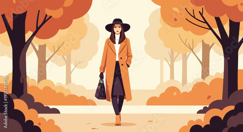 Woman in stylish autumn attire strolling through a park with colorful foliage