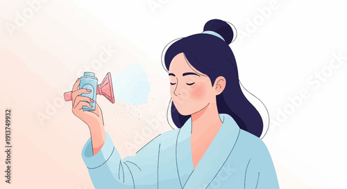 Woman in robe using nasal inhaler for clear breathing