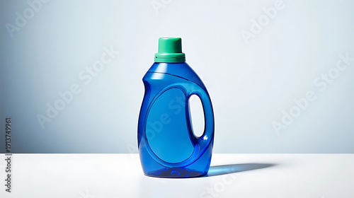  blue bottle of laundry detergent with green cap for washing clothes, isolated on white background