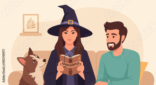 Woman in witch hat reads book to man and dog on sofa