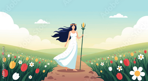 Woman in white dress with staff in a field of flowers