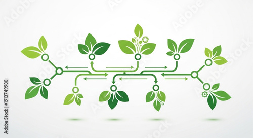 Green leaves network diagram with connections and arrows.
