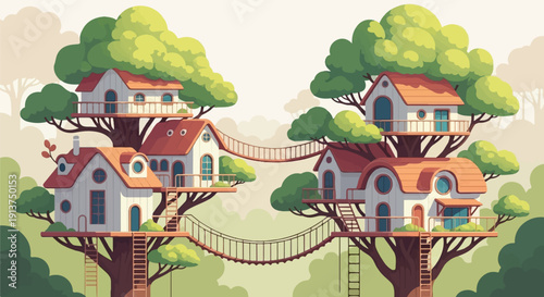 Whimsical treehouses interconnected by rope bridges amid lush green foliage