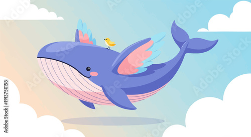 Whimsical winged whale with tiny bird friend soars through pastel sky clouds