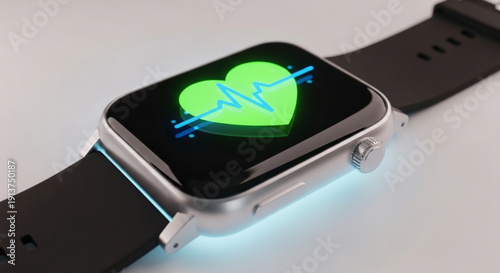Smartwatch with Heart Rate Monitor on Black Strap, Green Heart Icon, Close-up and Isolated on White