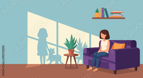 Woman on purple couch in a room with shadows of a child and cat